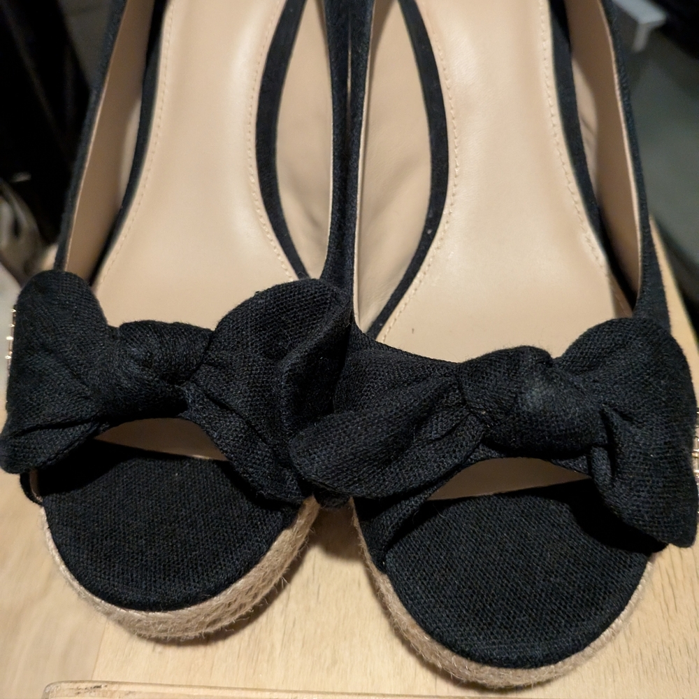Tory Burch Black Canvas Peep Toe Wedge Pumps - Picture 8 of 10